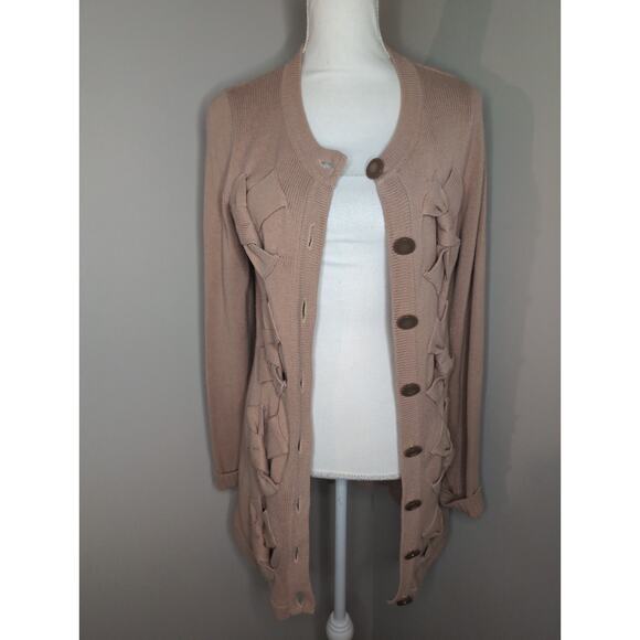 Cottagecore Twelve by Twelve woven bow pastel pink button up cardigan M - Picture 6 of 9